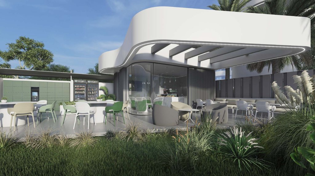 Coworking-Bereich und Café-Terrasse auf dem Gelände für Remote-Arbeiter im SaliSol Resort, Neubauanlage, Guardamar del Segura