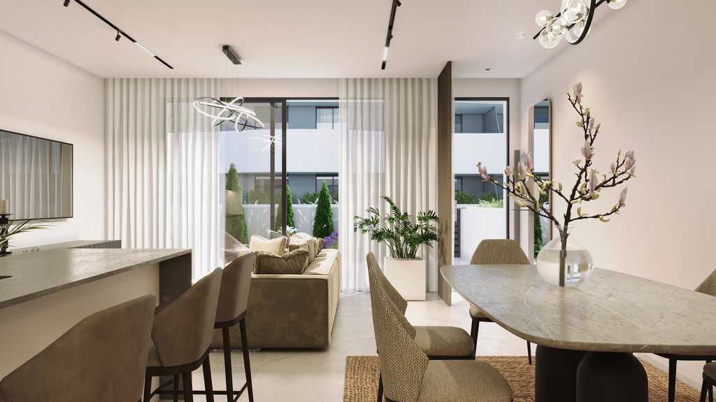 Offener Wohn-, Ess- und Küchenbereich in einer 3-Zimmer-Neubau-Einzelvilla im SaliSol Resort, El Raso, Guardamar del Segura