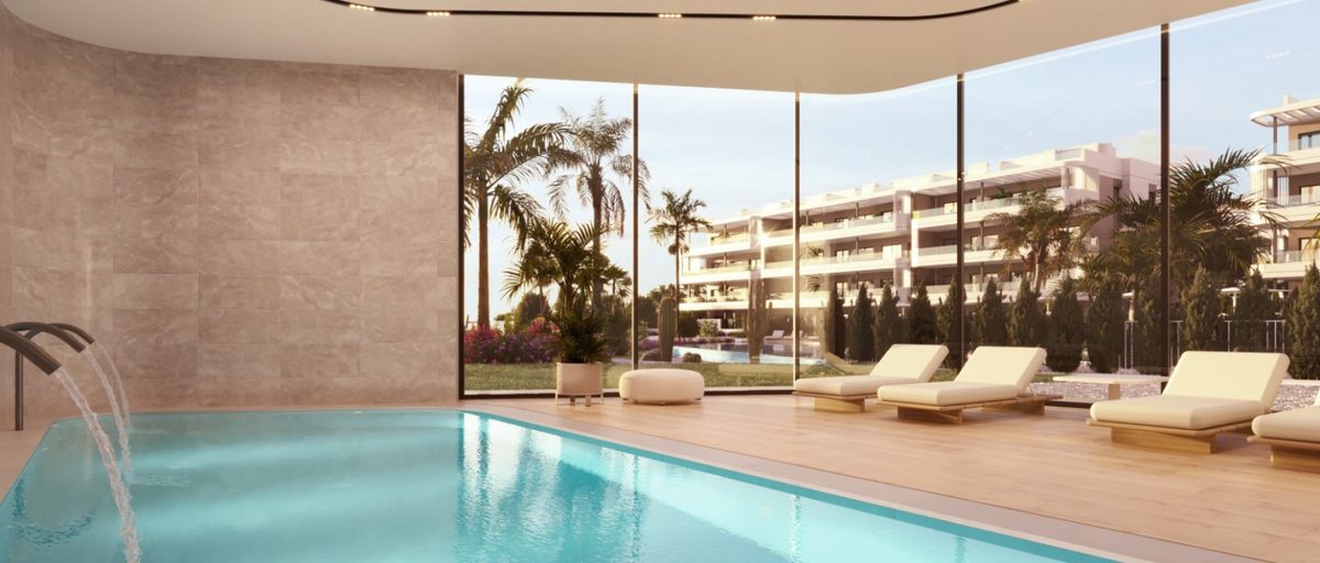 Terraza privada con vistas en un piso de obra nueva en Sunset Village en La Hoya, Torrevieja, Costa Blanca