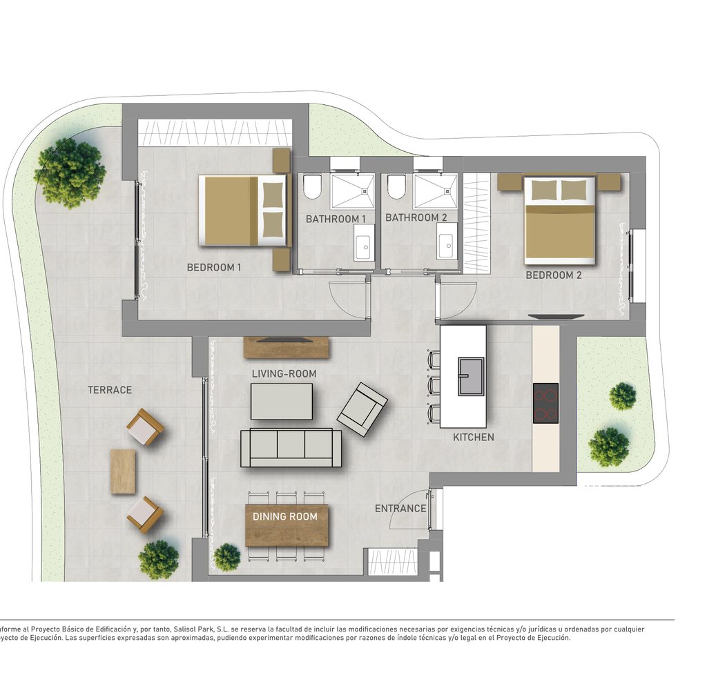 Plan d'appartement neuf 2 chambres, bloc 2, avec terrasses de 22–42 m² à SaliSol Resort, El Raso, Guardamar del Segura