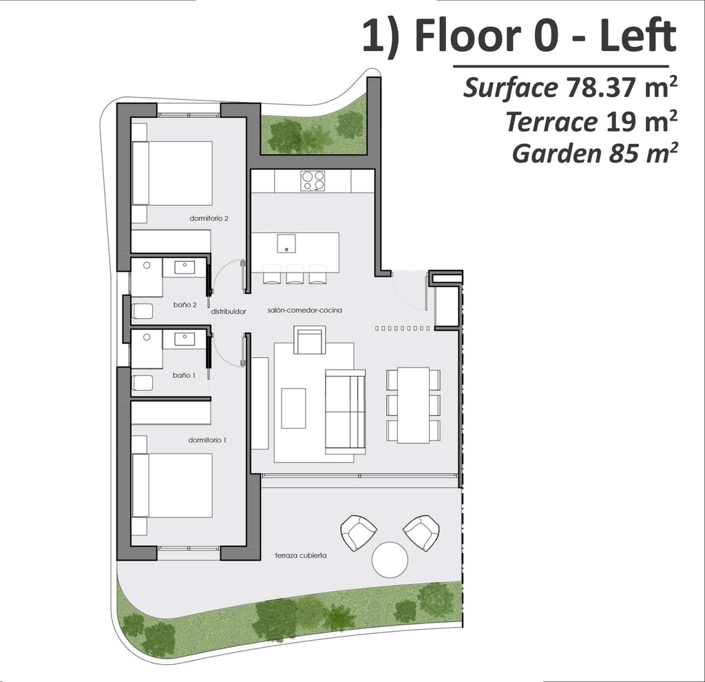Plan d'appartement neuf 2 chambres, type A, avec terrasse et jardin à SaliSol Resort, El Raso, Guardamar del Segura