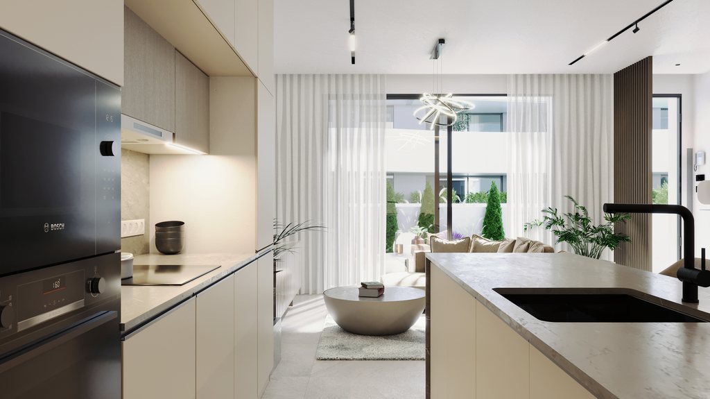 Cuisine design avec îlot central et finitions haut de gamme dans une villa neuve à SaliSol Resort, El Raso, Guardamar del Segura, Costa Blanca