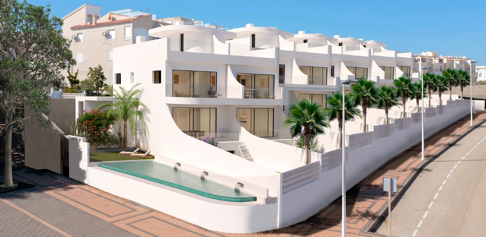 La Manguilla Sea Views jauno dzīvokļu baltās, izliektās fasādes un koplietošanas bezmalu baseins La Mata, Torrevieja