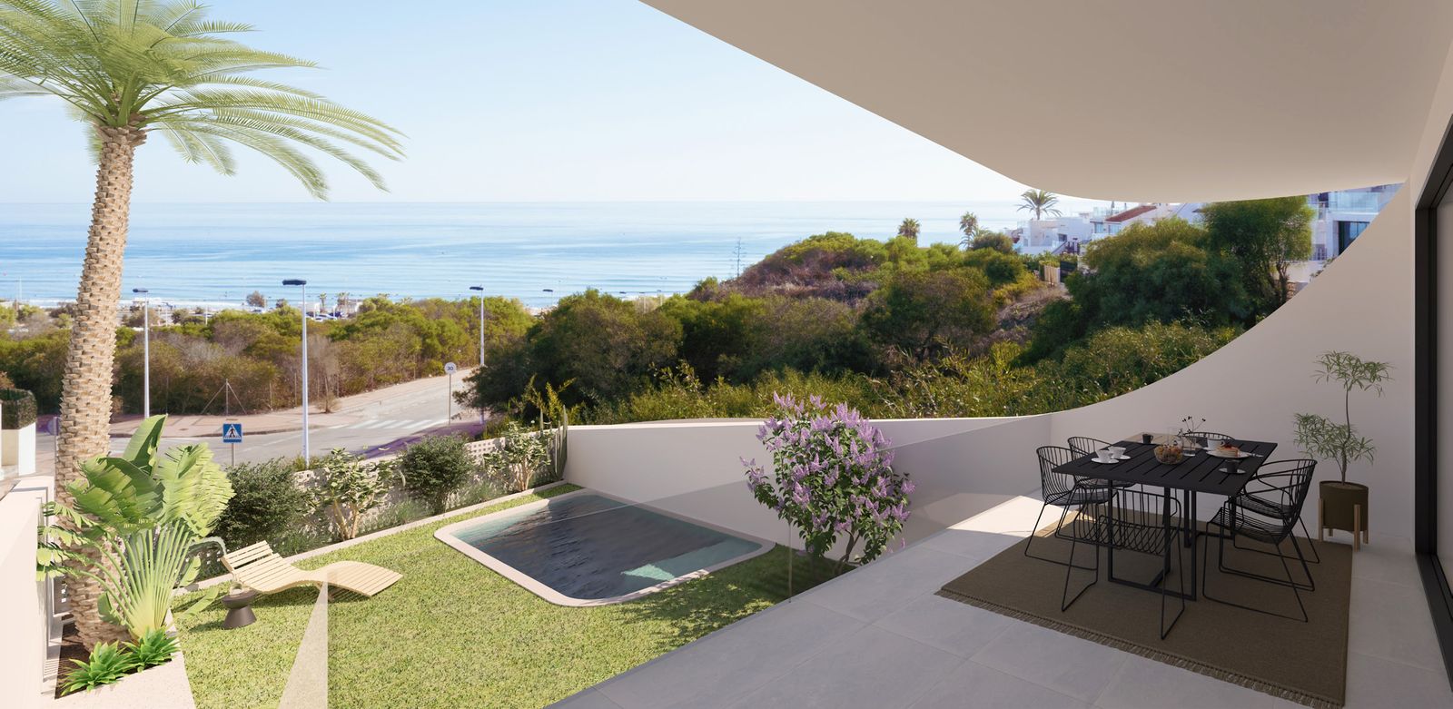Privāta terase un dārzs ar nelielu baseinu un skatu uz jūru pirmā stāva mājoklī La Manguilla Sea Views, La Mata