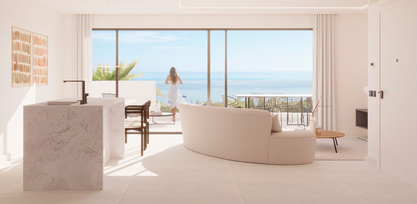 Gaiša atvērta plāna viesistaba ar skatu uz jūru jaunā dzīvoklī La Manguilla Sea Views, La Mata, Torrevieja
