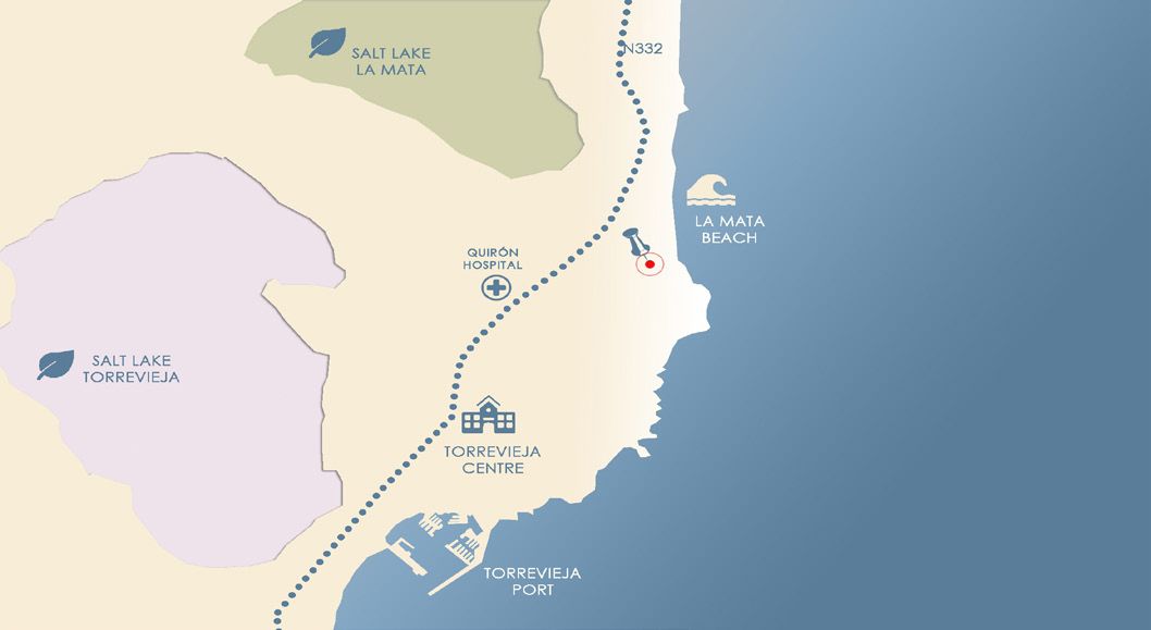 La Manguilla Sea Views atrašanās vietas karte starp La Mata pludmali, sālsezeriem un Torrevieja centru