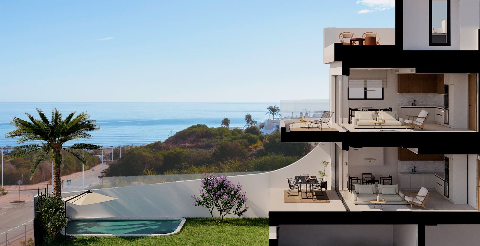 Gaiša atvērta plāna viesistaba ar skatu uz jūru jaunā dzīvoklī La Manguilla Sea Views, La Mata, Torrevieja