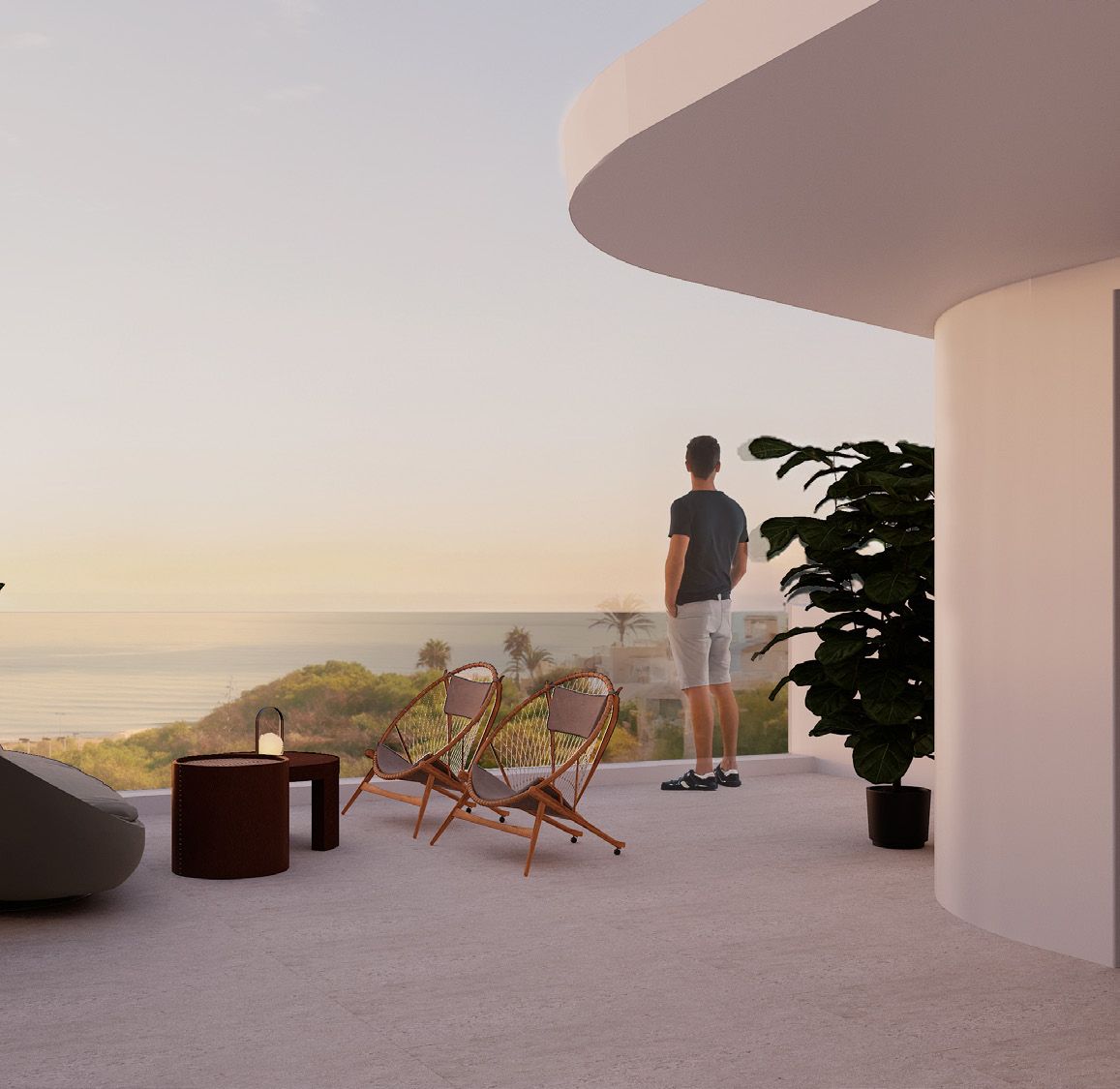 Privāts solārijs uz jumta ar skatu uz jūru saulrietā augšējā stāva mājoklī La Manguilla Sea Views, La Mata, Torrevieja