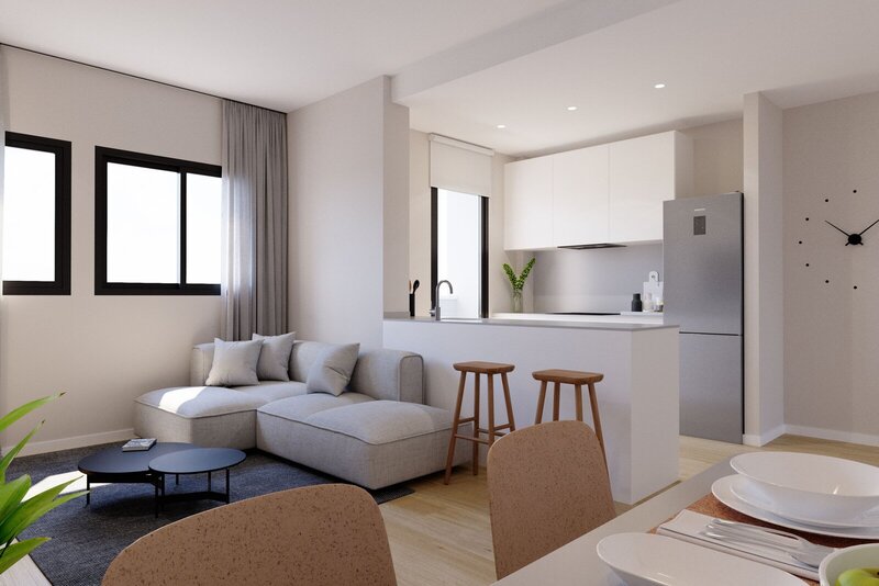 Moderna atklāta plānojuma virtuve ar salu jaunbūves dzīvoklī La Vista Algorfa blakus La Finca Golf, Costa Blanca, Alicante