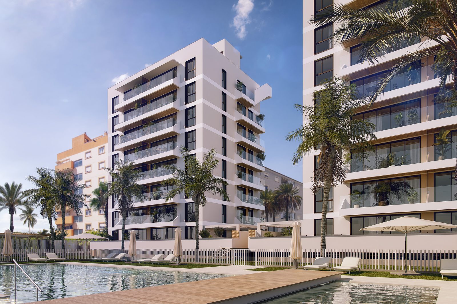 Peldbaseins un Vidusjūras stilā labiekārtoti dārzi Dunara Resort jaunbūves dzīvokļu kompleksā Guardamar del Segura, Costa Blanca, Alicante