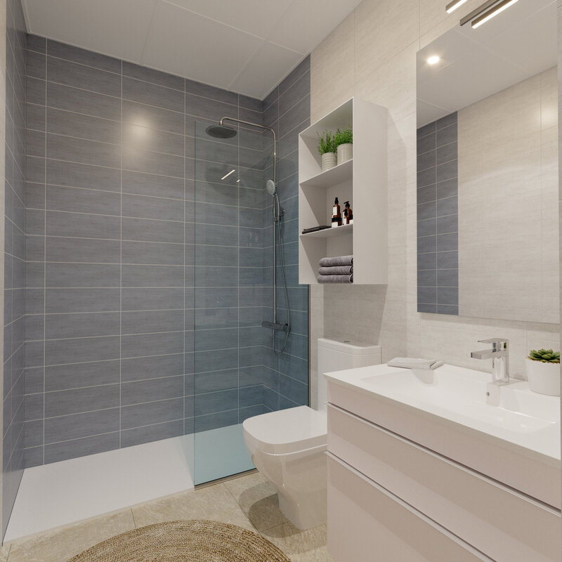 Modern bathroom with walk-in shower in a new build apartment at La Vista Algorfa near La Finca Golf, Costa Blanca, Alicante