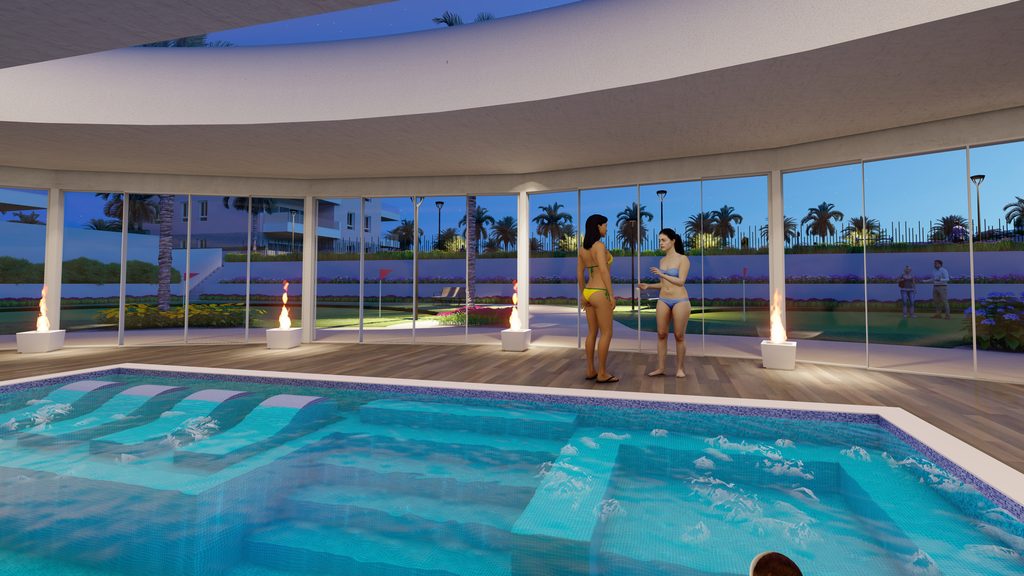 Ogrzewany kryty basen spa ze szklanymi ścianami i panoramicznym widokiem w nowych mieszkaniach Vista Azul, El Raso, Guardamar del Segura, Costa Blanca