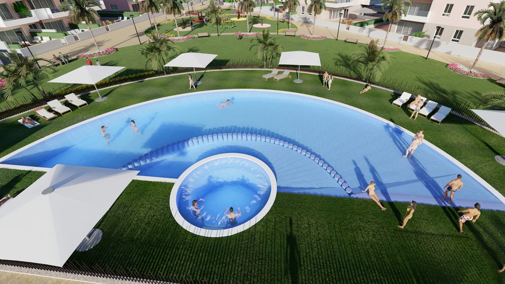 Basen zewnętrzny Vista Azul z oddzielnym basenem dla dzieci i leżakami w nowych mieszkaniach El Raso, Guardamar del Segura, Costa Blanca