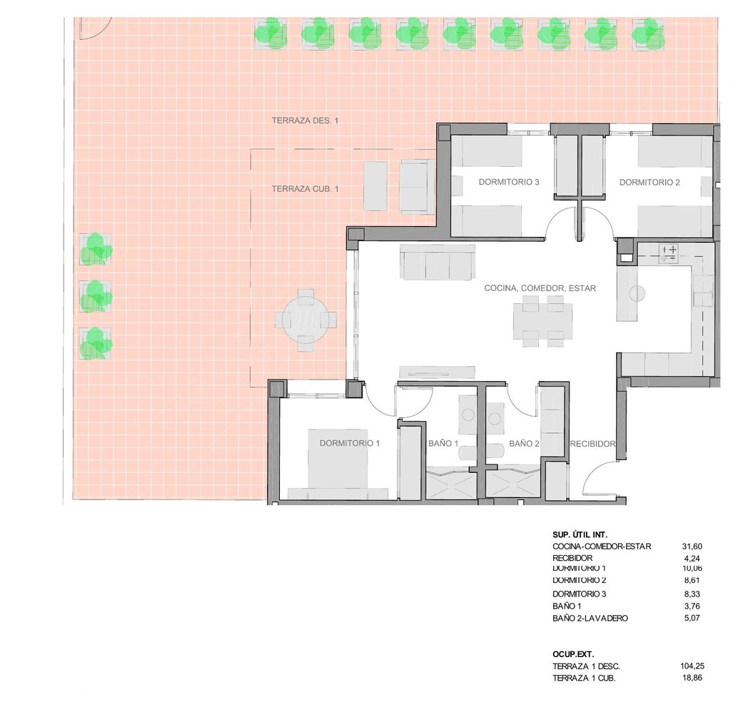 Rzut parteru nowego 3-pokojowego mieszkania Vista Azul, 101 m² powierzchni z prywatnym tarasem 123 m², El Raso, Guardamar del Segura, Costa Blanca