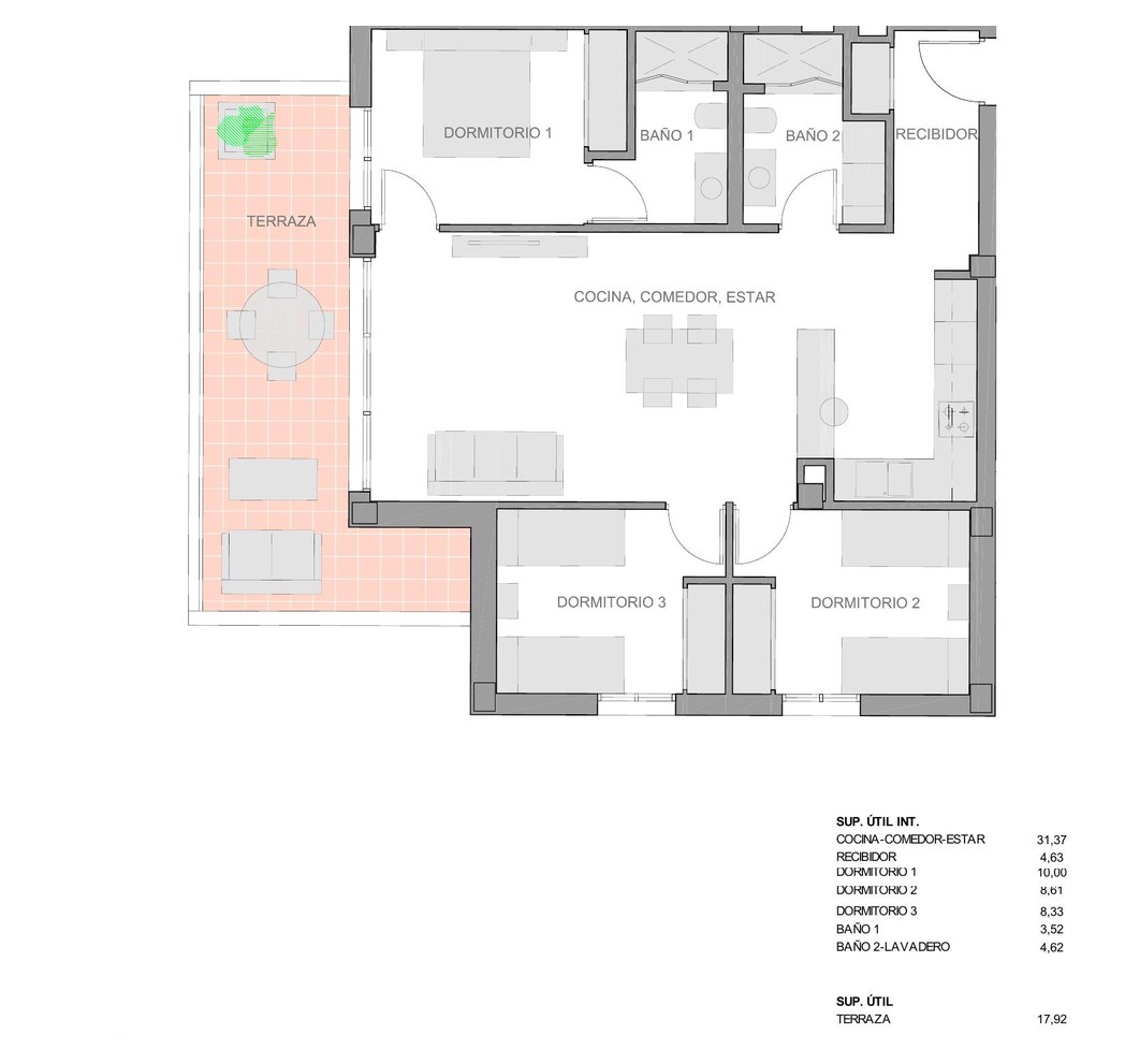 Rzut piętra pośredniego nowego 3-pokojowego mieszkania Vista Azul, 101 m² powierzchni z tarasem, El Raso, Guardamar del Segura, Costa Blanca
