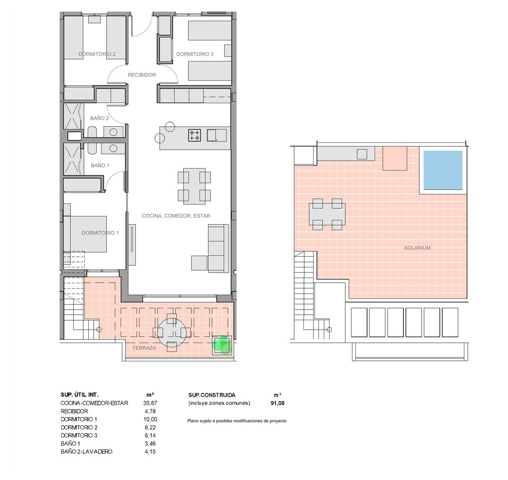 Rzut penthouse'u nowego 3-pokojowego mieszkania Vista Azul z prywatnym solarium na dachu 43-85 m², El Raso, Guardamar del Segura, Costa Blanca