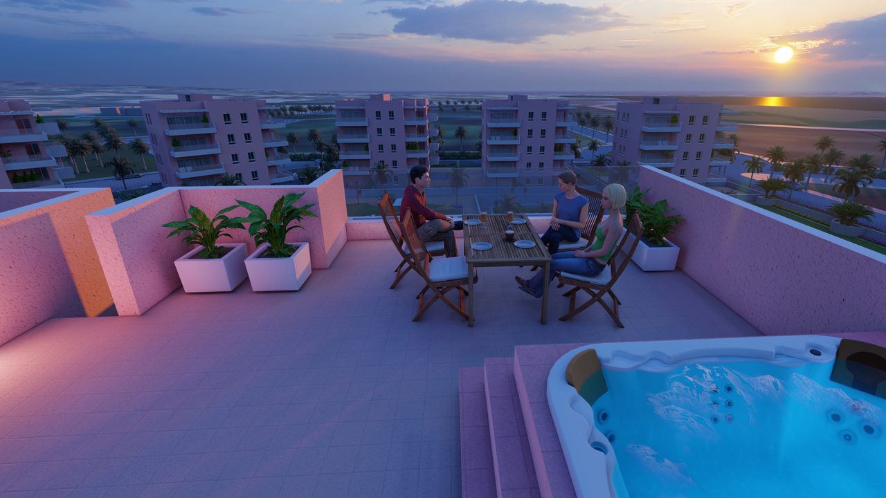 Podgląd wideo Vista Azul z solarium na dachu penthouse'u z prywatnym jacuzzi o zachodzie słońca w El Raso, Guardamar del Segura, Costa Blanca