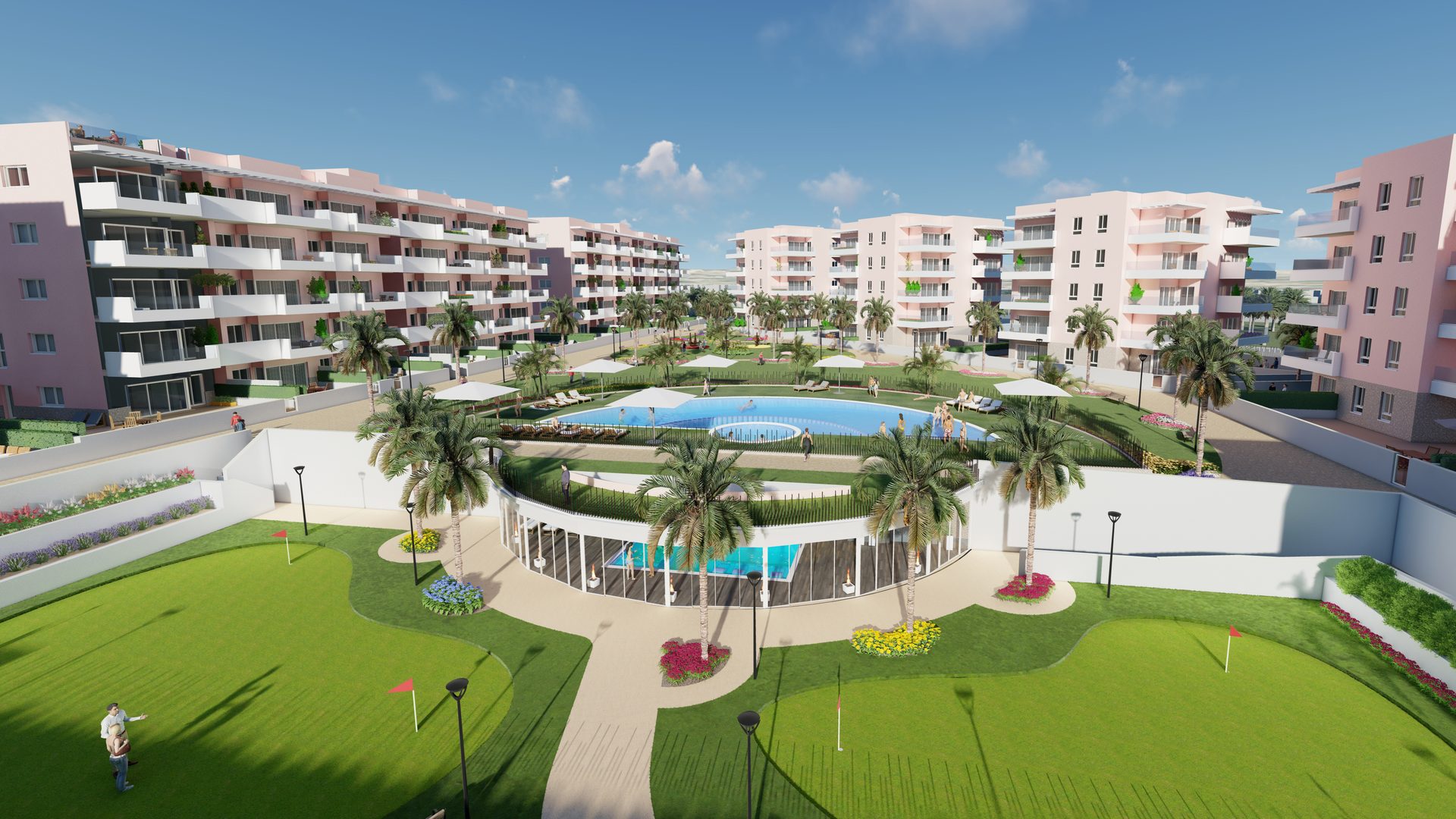 Widok z lotu ptaka na kompleks Vista Azul z nowymi mieszkaniami 3-pokojowymi, basenem, podgrzewanym spa, ogrodami i putting green w El Raso, Guardamar del Segura, Costa Blanca