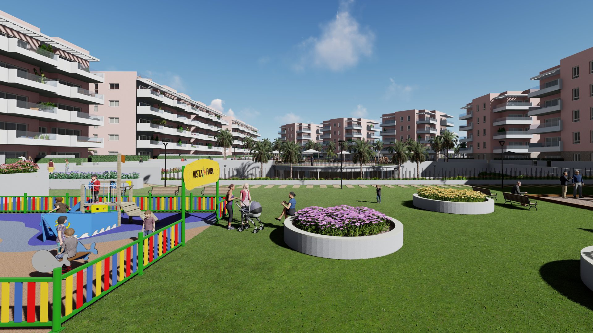 Strefa parkowa Vista Park z placem zabaw, zaaranżowanymi ogrodami i nowymi budynkami mieszkalnymi Vista Azul w El Raso, Guardamar del Segura, Costa Blanca
