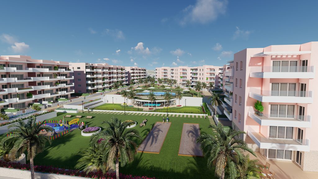 Zaaranżowane ogrody śródziemnomorskie między budynkami Vista Azul z mieszkaniami parterowymi z prywatnym ogrodem, El Raso, Guardamar del Segura, Costa Blanca