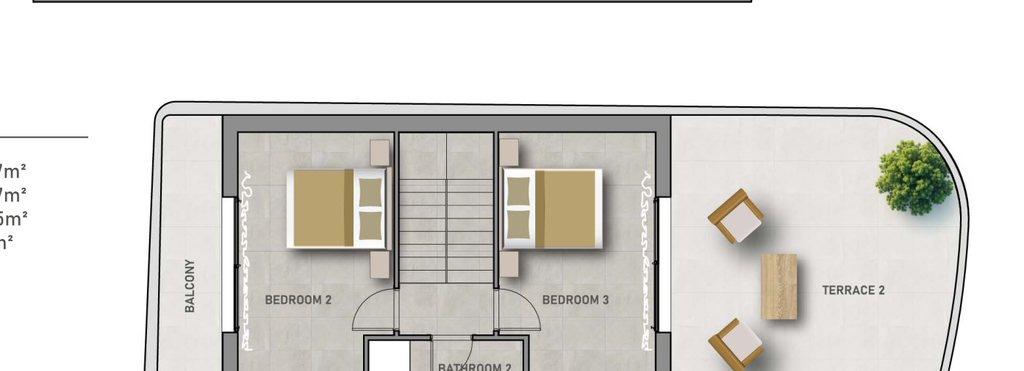 First-floor plan with 2 bedrooms, bathroom, terrace and 49 m² rooftop solarium of SaliSol Resort detached new build villa, Guardamar