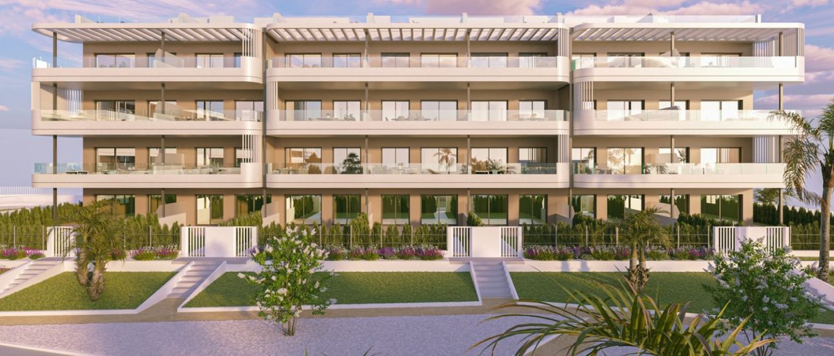 Exterior render of Sunset Village new build apartment buildings with modern facades in La Hoya, Torrevieja, Costa Blanca