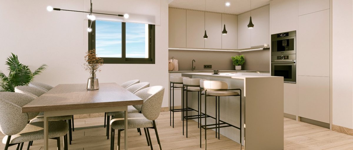 Designer kitchen with island in a new build apartment at Sunset Village in La Hoya, Torrevieja, Costa Blanca, Alicante