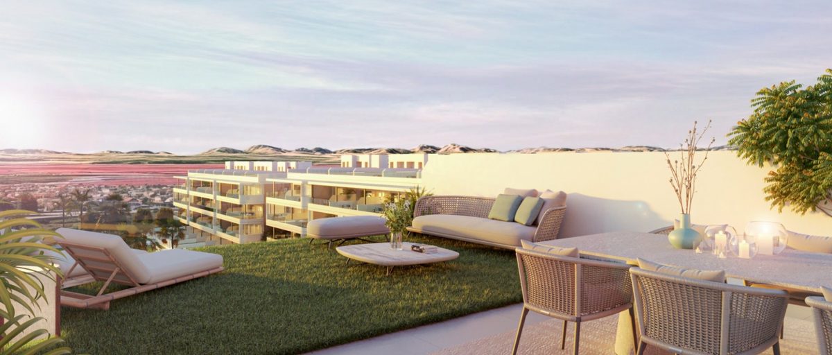 Private garden of a ground-floor new build apartment at Sunset Village in La Hoya, Torrevieja, Costa Blanca