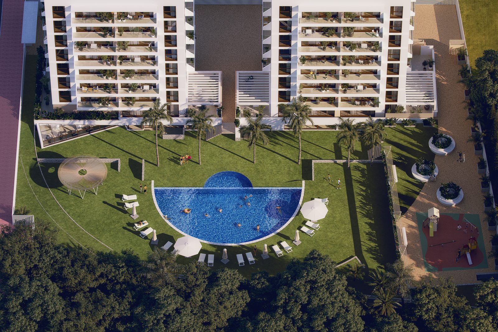 Komplett luftfoto av Dunara Resort 62 nybygde leiligheter med basseng og hager i Guardamar del Segura, Costa Blanca