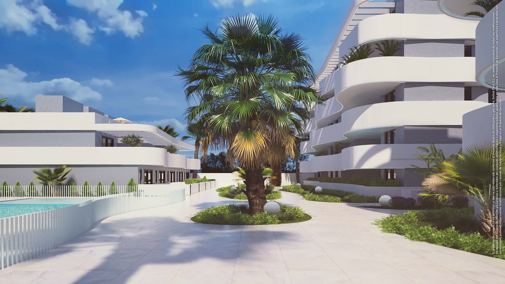 Nowe mieszkania z białą falistą elewacją obok podgrzewanego basenu w SaliSol Resort, El Raso, Guardamar del Segura