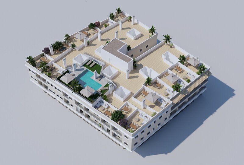 Privat solarium med solstolar i en nybyggd lägenhet vid La Vista Algorfa med utsikt över landskapet, Costa Blanca, Alicante